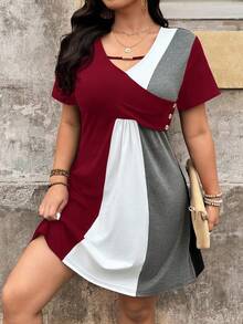 SHEIN LUNE Plus Size Women's Contrast Color Button Design Short Sleeve Casual Dress Block Patch Work Summer Curve Patchwork Dresses - Burgundy - View 5