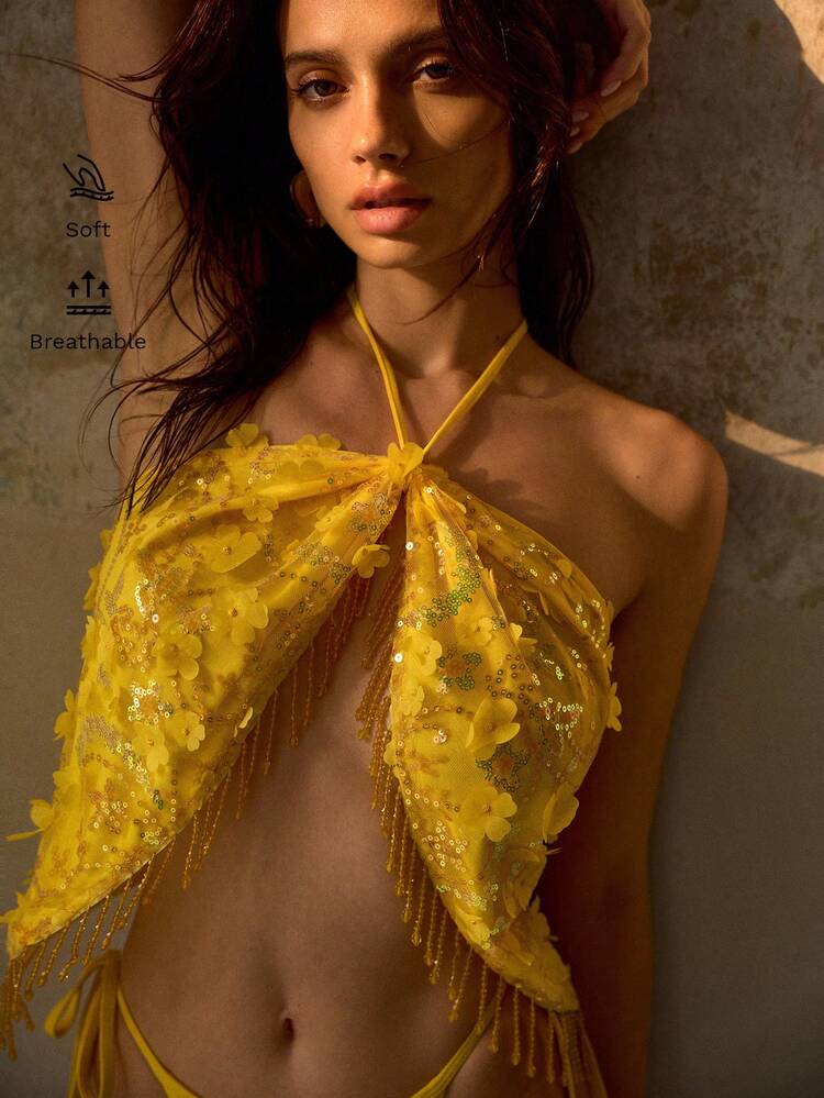 SEQUIN BEAD FRINGE APPLIQUED FASHIONABLE TIE NECK VACATION COVER-UP TOP