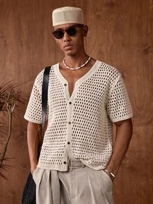 AKNOTIC Business Casual 男士纯色简约休闲短袖镂空针织衫 夏季男士毛衣 夏季男士开衫 男士夏季上衣 男士钩针上衣 奶油色钩针上衣 女士针织开衫 夏季女士上衣 夏季女士衬衫 夏季女士毛衣 - 杏色 - 查看 3