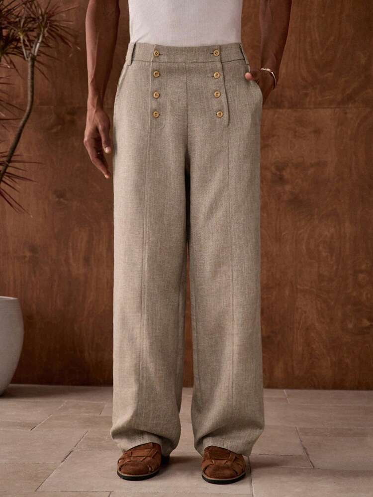 Men's Woven Casual Loose Straight Leg Solid Color Pants Beige Pants For Men Men Wide Leg Pants Men High Waisted Pants Men's Pleated Suit Pants Baggy Cargo Men Linen Pants