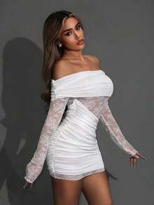 SHEIN ICON Asymmetrical Lace Sheer Off-Shoulder Sexy Mini Dress - White - View 4