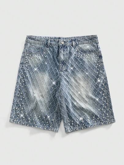 ROMWE MEN Street Life Men's Pearl & Diamond Crochet Fabric Loose Denim Shorts