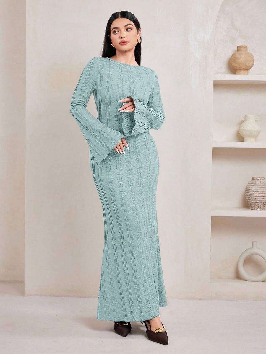 Veilorie 优雅针织提花喇叭袖女式连衣裙