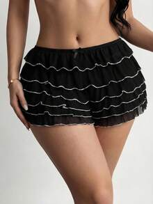 SHEIN SXY Black And Silver White Sheer Layered Ruffle Trim Low Waist Shorts,Summer,Cutesy,Lounge Y2K Streetwear Concert,Black And White Ruffle Shorts - Black and White - View 5
