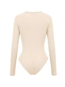 EMERY ROSE Women's Casual Solid Color Ribbed Square Neck Long Sleeve Bodysuit - Beige - View 3