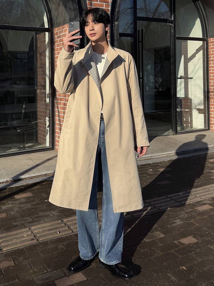 Khaki Plaid Lining Long Men's Trench Coat, Spring