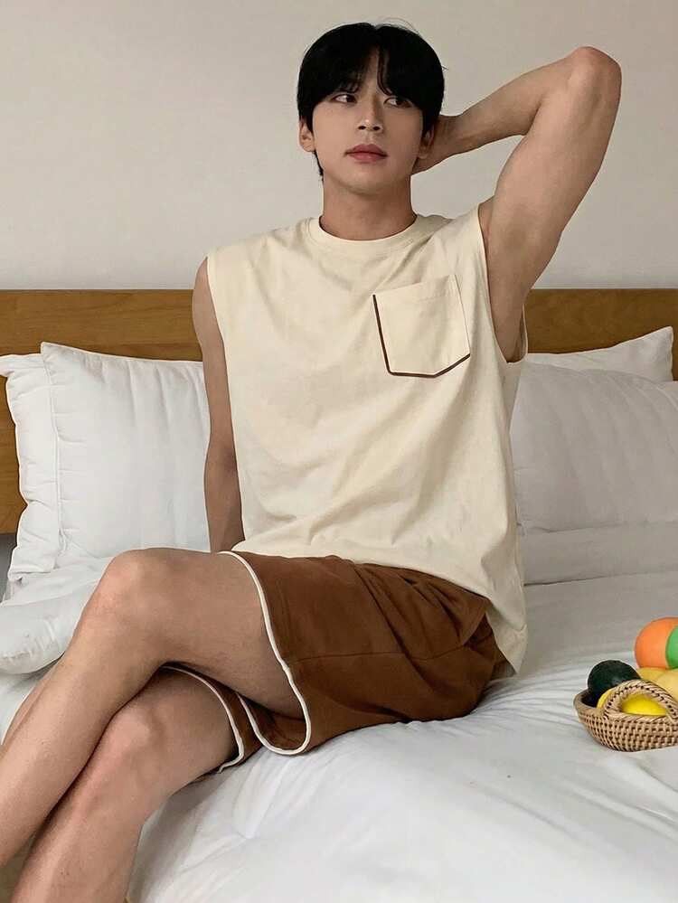 Men's Summer Solid Color Tank Top And Shorts Pajama Set