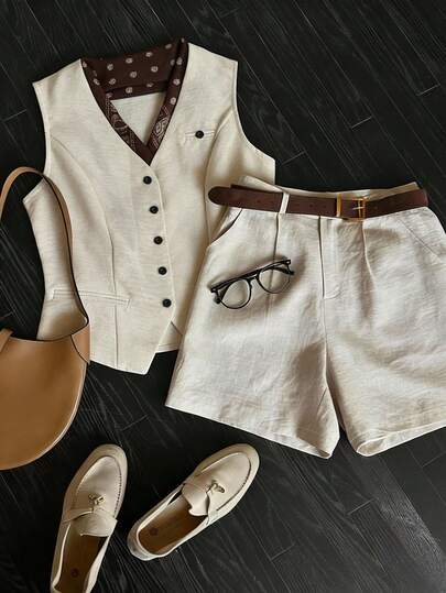 Franclia Women's Elegant Minimalist V-Neck Sleeveless Cropped Shirt And High Waist Pleated Shorts 2-Piece Set, Textured Casual, Spring/Summer