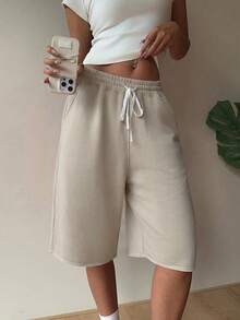 SHEIN EZwear Pantalones cortos informales de talla grande para mujer en color albaricoque con cordón en la cintura y bolsillos laterales - Albaricoque - Ver 1