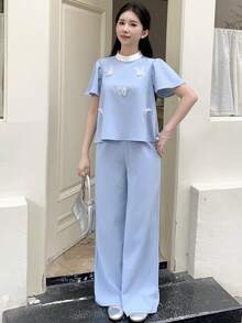 少女蝴蝶装饰圆领短袖衬衫和裤子优雅套装 - 黑與白 - 查看 8