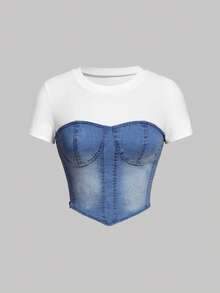 SHEIN MOD 女士白色针织拼接蓝色牛仔圆领短袖露脐上衣，夏季上衣，女士露脐上衣，度假女装，春季上衣，外出女装，夏季上衣，音乐会女装，节日女装，牛仔女装，伊比沙岛，女牛仔 - 中等水洗藍 - 查看 1