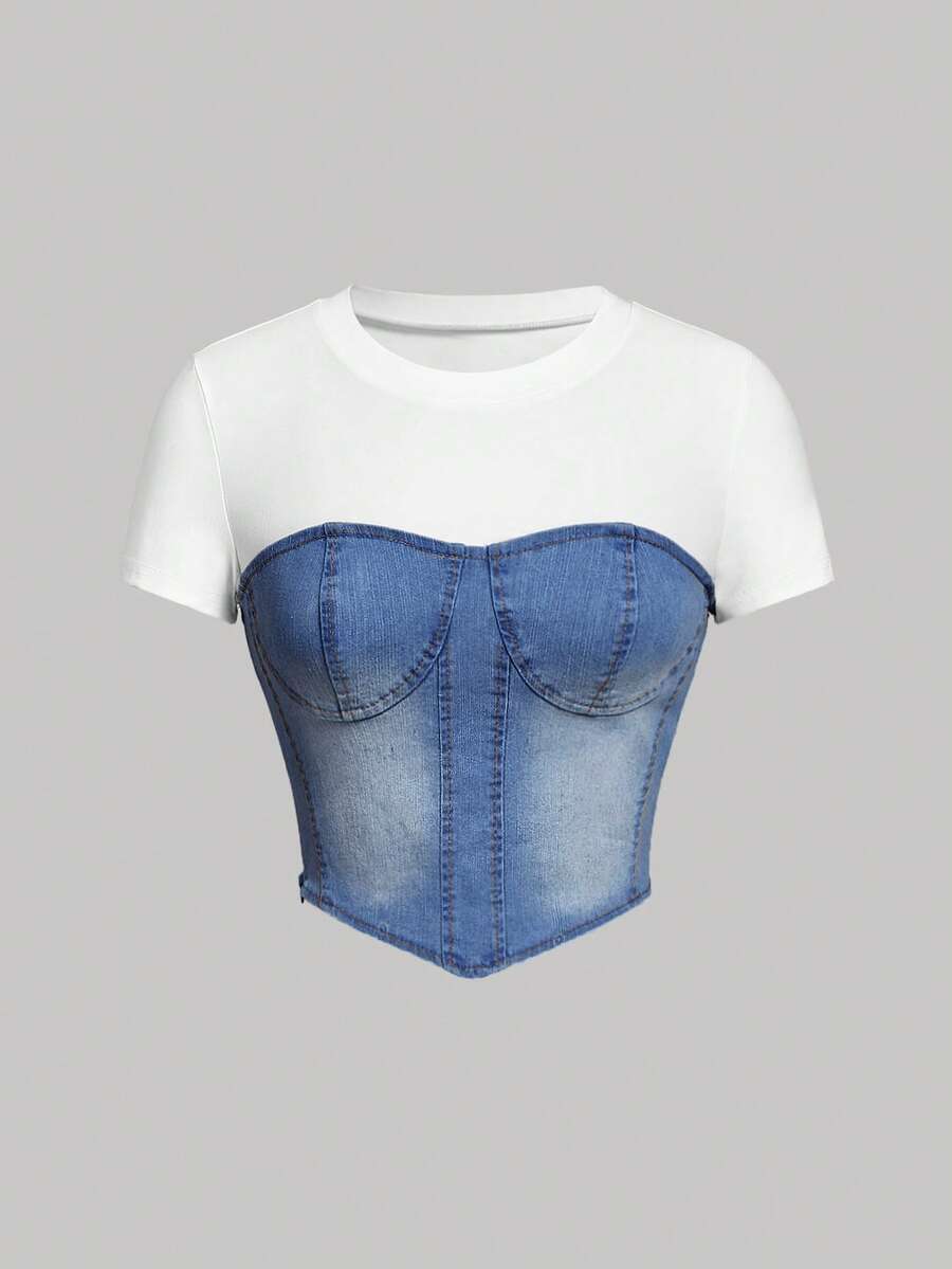 SHEIN MOD 女士白色针织拼接蓝色牛仔圆领短袖露脐上衣，夏季上衣，女士露脐上衣，度假女装，春季上衣，外出女装，夏季上衣，音乐会女装，节日女装，牛仔女装，伊比沙岛，女牛仔 - 中等水洗藍 - 查看 1
