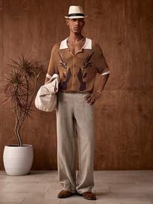 AKNOTIC 男士梭织休闲宽松直筒纯色长裤 米色男士长裤 男士阔腿裤 男士高腰裤 男士褶裥西装裤 宽松工装裤 男士亚麻裤 - 卡其色 - 查看 4
