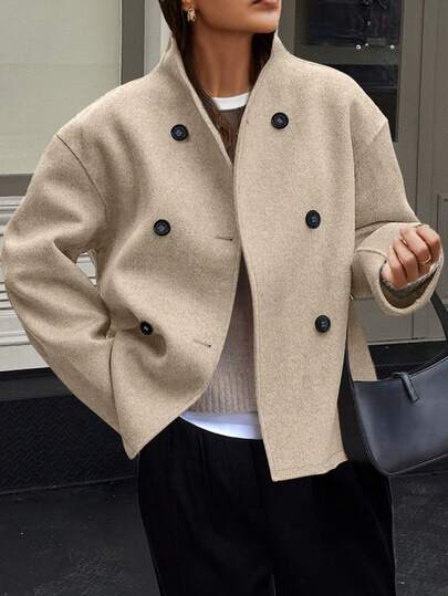 EMERY ROSE 欧美新款纯色复古双排扣大衣，V领通勤女装，秋冬女式外套