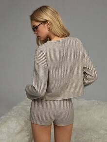 SHEIN Conjunto de ropa de estar en casa informal con estampado de rayas para mujer - Caqui - Ver 2