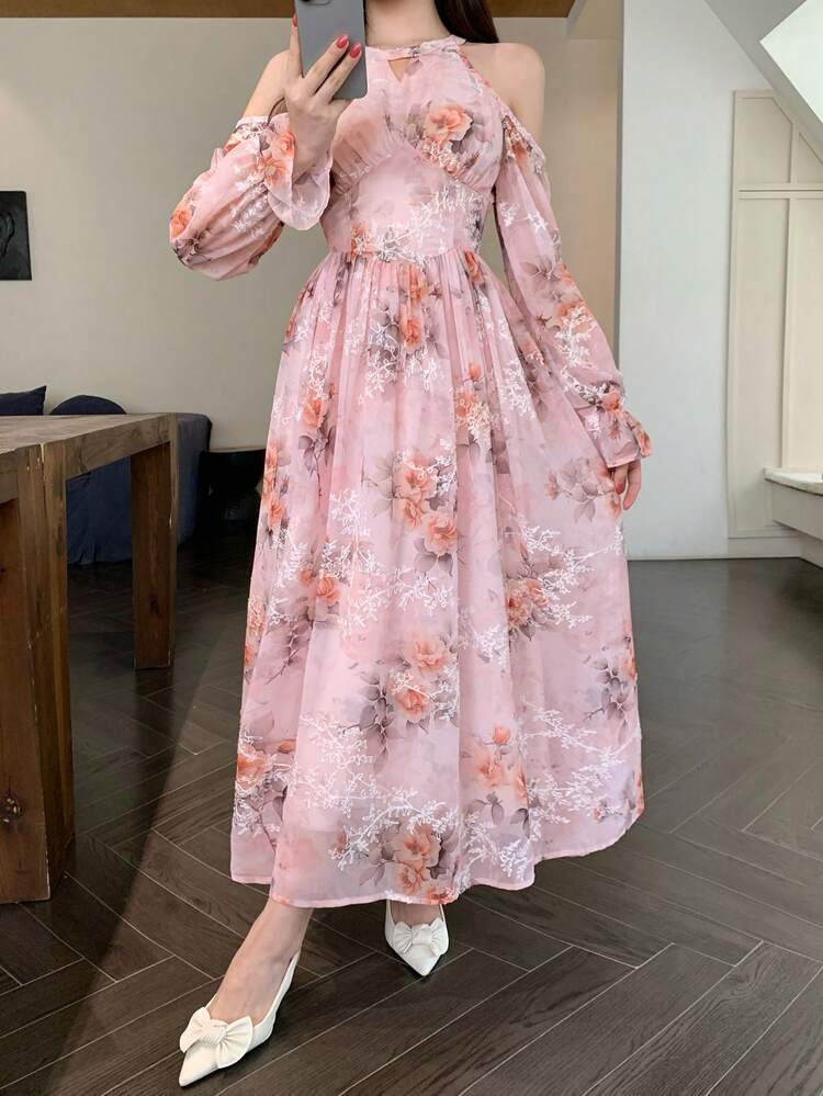 Women's Elegant Floral Print Cold Shoulder Dress, Autumn Sundress