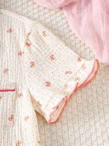 两件套少女荷叶边开衫短裤套装，蝴蝶印花，杏色，舒适面料，甜美夏日家居服 - 杏色 - 查看 7