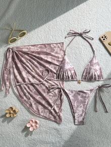 Swim Mod 3pcs/Set Women Summer Random Print Halter Beach Dress Tie-Up Retro Vacation Bikini Set - Multicolor - View 1