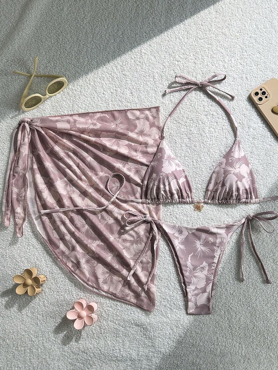 Swim Mod 3pcs/Set Women Summer Random Print Halter Beach Dress Tie-Up Retro Vacation Bikini Set - Multicolor - View 1