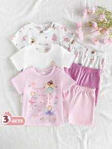 SHEIN Vintaside Kids 6件套女婴新生儿幼儿0-3岁春夏新款可爱兔子纯色条纹T恤短裤套装 - 彩色 - 查看 3