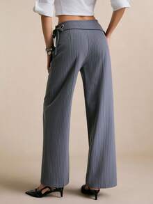 Poéselle Women's Pants Foldover Waist Pinstripe Wide-Leg Trousers – Adjustable Ring-Tie Workwear Pants Foldover Waist Pants, Pinstripe Trousers, Wide Leg Office Pants, Grey Dress Pants, Y2k Workwear, Tailored Wide Leg, Ring Belt Pants, Quiet Luxury Style Striped Fold-Over Waist Flared Leg Pants, Commuter Style Summer Outfits - Grey - View 3