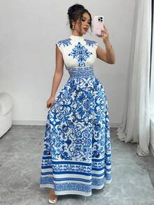 Rafferiza 女士优雅度假浪漫印花无袖露腰长裙 - 藍色 - 查看 1