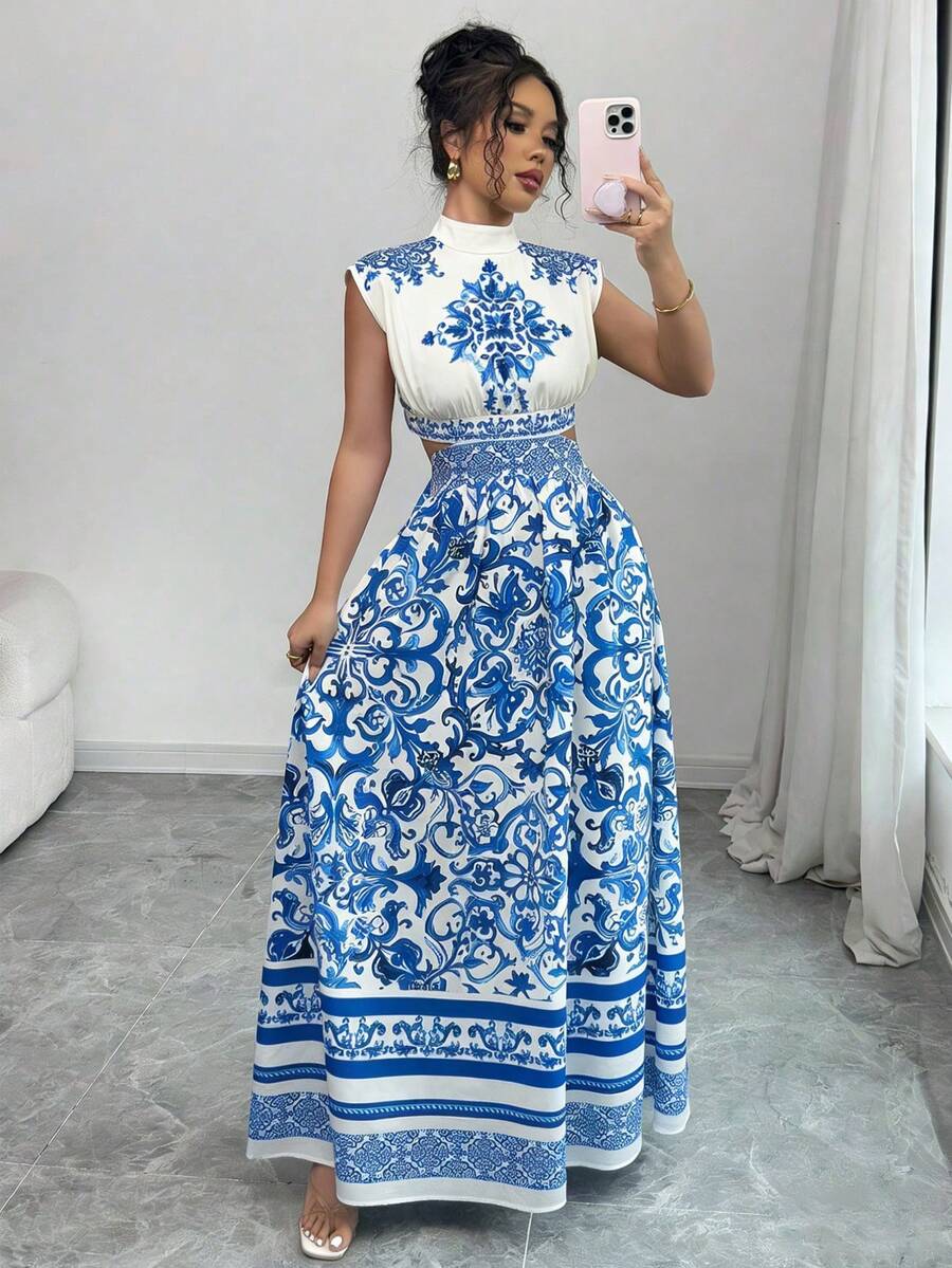 Rafferiza 女士优雅度假浪漫印花无袖露腰长裙 - 藍色 - 查看 1