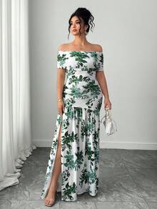 SHEIN Elenzya Vestido elegante y sofisticado de hombros descubiertos, talla grande, adecuado para fiestas, vacaciones, bodas, con diseño de abertura favorecedora - Multicolor - Ver 8