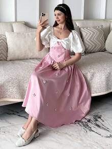 SHEIN 青少年女孩時尚優雅撞色短袖緞面洋裝，粉色公主洋裝，夏季泡泡袖派對洋裝 - 淺粉色 - 查看 9