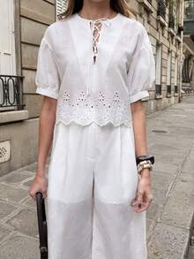 SHEIN PariChic Summer New Embroidery Ensemble – French-Inspired Lace-Up V-Neck Drop Shoulder Sleeve Blouse (Featuring Cutout Lace Hem) + Elastic-Waisted Flowy Wide-Leg Trousers | A Gentle-Chic Two Pieces For Office, Vacation & Date Nights | Breathable, Skin-Soft White Elegant Attire White Linen Pants Set White Wide Leg Pants Women White Brunch Outfit White Jumpsuit Elegant Lace Jumpsuit - White - View 6