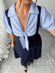 Elenzga Plus Size Fashionable Commuter Striped Shirt Dress - Multicolor - View 7