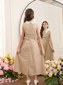 SHEIN Tween Girl Elegant Color Block Sleeveless Cinched Waist Mid-Length Dress - Black - View 2
