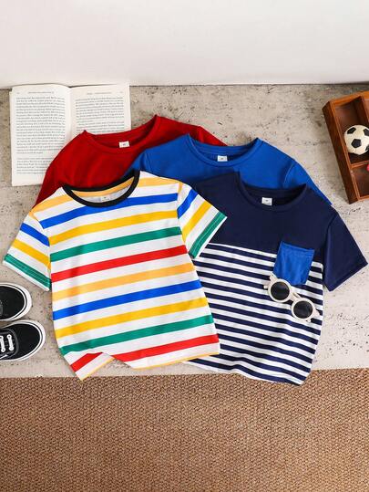 SHEIN Oferta 3+1, Set de 4 piezas de camisetas de manga corta a rayas cómodas, versátiles y casuales para niños y niñas, con bolsillos, adecuadas para uso diario, deportes, salidas, escuela, reuniones, festivales, fotografía, temporada de regreso a clases, primavera/verano