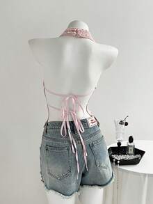 SHEIN Unity Áo tank top ren cổ chữ V buộc dây cổ yếm thêu đính cườm dành cho nữ, thích hợp cho mùa xuân/hè. - Hồng - Xem 2