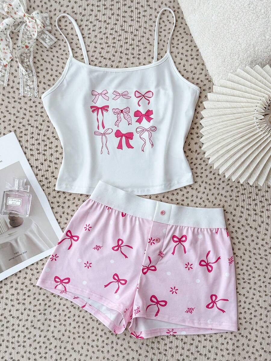 Conjunto de Camiseta Regata Rosa com Laço e Shorts Curtos com Botões para Meninas Adolescentes na Primavera e Verão, Estilo Home, Clean Girl/American BM, com Detalhes em Renda - Rosa chiclete - Visão 1