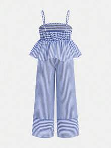 Firerie Kids Firerie Kids 少女无袖方领条纹荷叶边夏季吊带背心套装 - 藍白色 - 查看 2