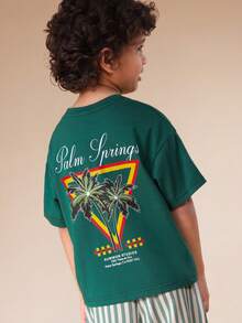 SUMWON 男童棕榈泉印花T恤搭配竖条纹阔腿裤套装，夏季休闲两件套 - 綠色 - 查看 6