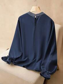Lacomfia Floral Embroidery Flare Sleeve Stand Collar Top, Vintage Loose Embroidered Plus Size Blouse - Navy Blue - View 2