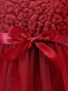 Tween 女童 V 领无袖豹纹提花网眼下摆优雅连衣裙 - 酒紅色 - 查看 5