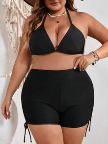 SHEIN CURVE+ 大码女士泳裤，夏季度假四点式泳裤 - 黑色 - 查看 3
