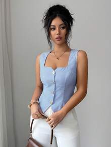 Selianne 时尚女士条纹优雅衬衫，玫瑰金纽扣，通勤风，适合约会、通勤、夏季、返校、办公、度假等场合，百搭单品。 - 藍色 - 查看 4