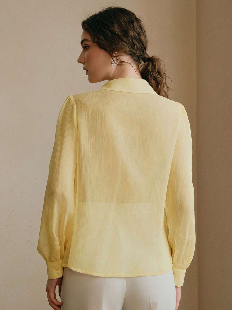 Anewsta Romantic 3D Floral Collar Long Sleeve Semi-Sheer Blouse For Women