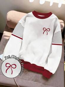 Resyla Women's Contrast Trim Round Neck Striped & Bow Print Long Sleeve Sweatshirt - Multicolor - View 1