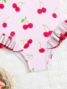 女婴沙滩装，可爱樱桃印花，针织面料，双蝴蝶结肩带，荷叶边裤腿，连体泳衣，时尚休闲优雅女士款，适合游泳、度假、夏季穿着 - 彩色 - 查看 3