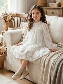 SHEIN Vintaside Kids 女童优雅公主风荷叶边领泡泡袖提花刺绣双层荷叶边下摆宽松公主裙，适合度假、旅行、派对、送礼、春秋季穿着。 - 白色 - 查看 8