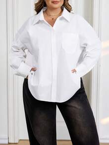 SHEIN CURVE+ 大码休闲百搭纯色衬衫 - 白色 - 查看 10