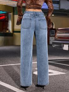 SHEIN PETITE Women's Loose Casual Versatile Straight Leg Jeans With Pockets - Light Wash - View 2