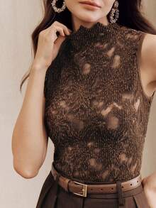 Anewsta Áo tank top nữ không tay cổ cao màu nâu, khoét ren. - màu nâu - Xem 2