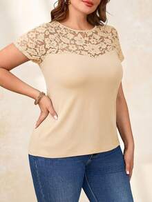 Reflora Plus Size Elegant Round Neck Contrast Lace T-Shirt - Apricot - View 4