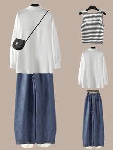 Franclia 大码三件套：条纹吊带背心、阔腿牛仔裤、白色棉质褶皱衬衫，居家休闲装，户外休闲装 - 彩色 - 查看 2